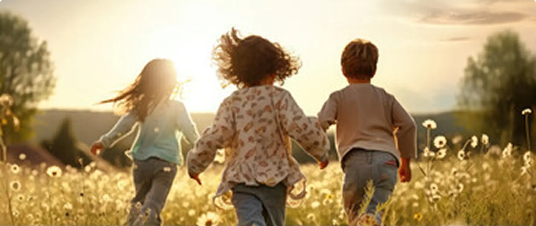 Children running through a field of wildflowers at sunset