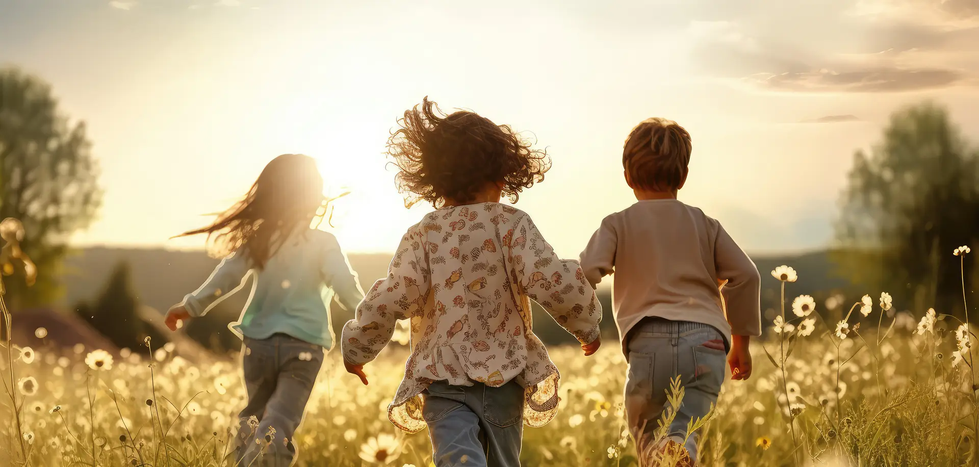 Children running through a sunlit meadow at Ohana Montessori